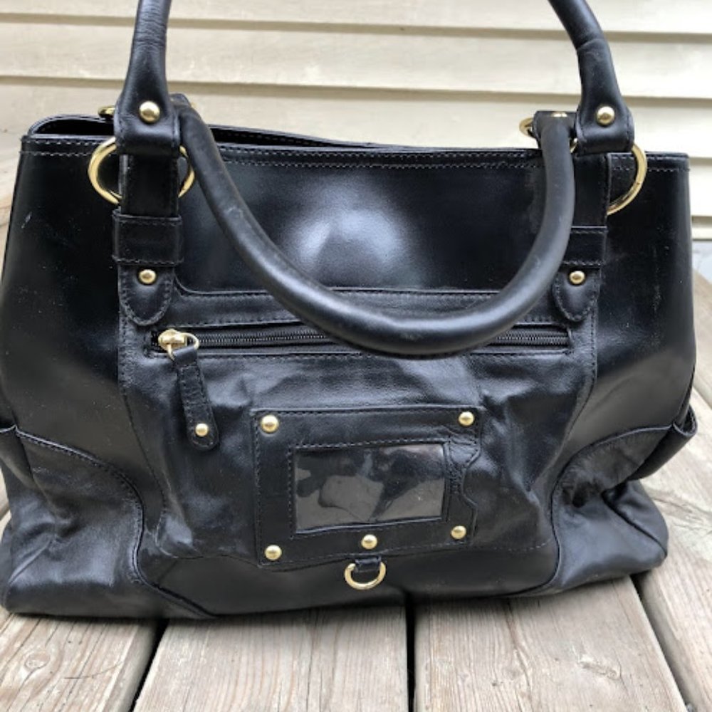 Classic Black Leather Tote Handbag Vintage 90s Bag Purse Handbag